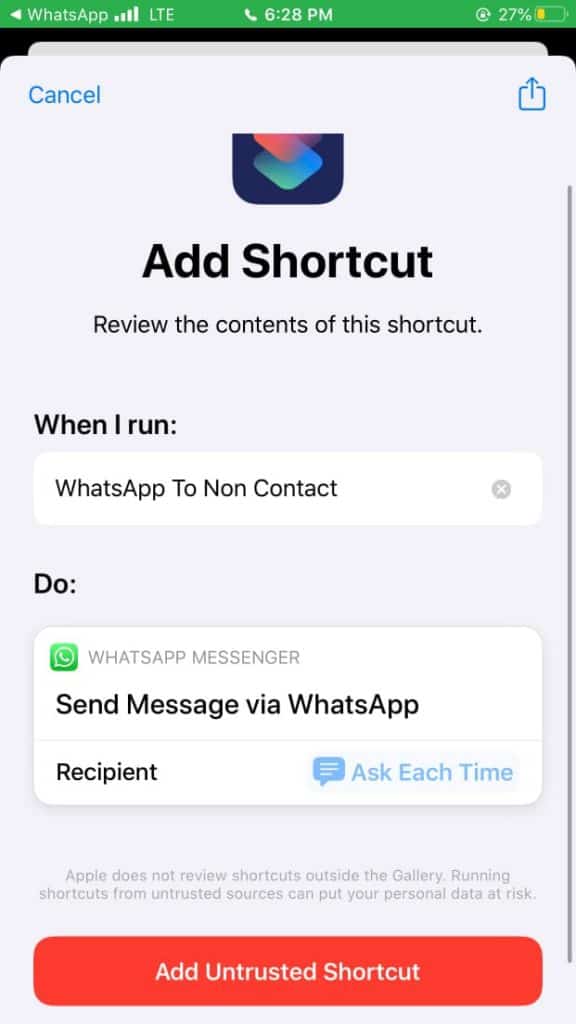 press add untrusted shortcut button