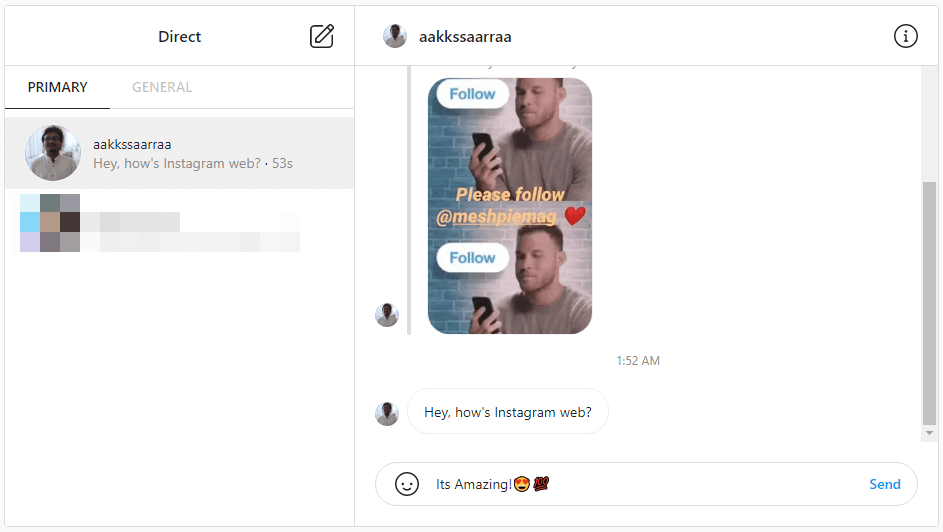 Instagram web messaging interface