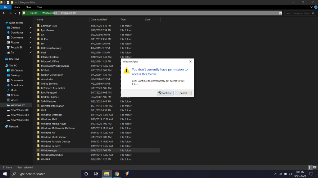 without proper permission you will not be able to access the WindowsApps folder