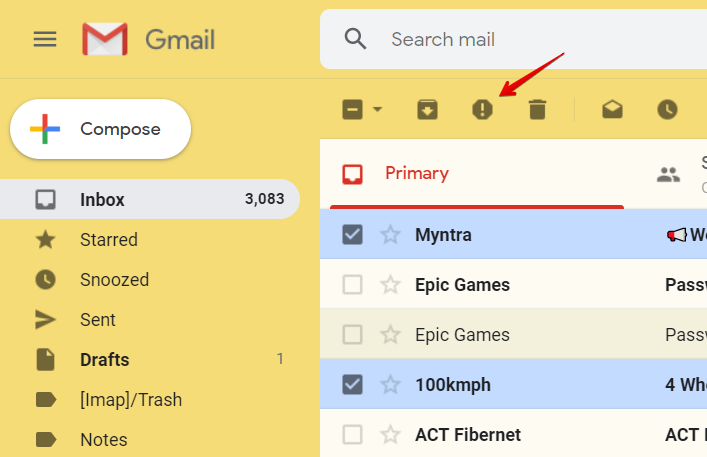 image showing how to mark an email as spam in Gmail.