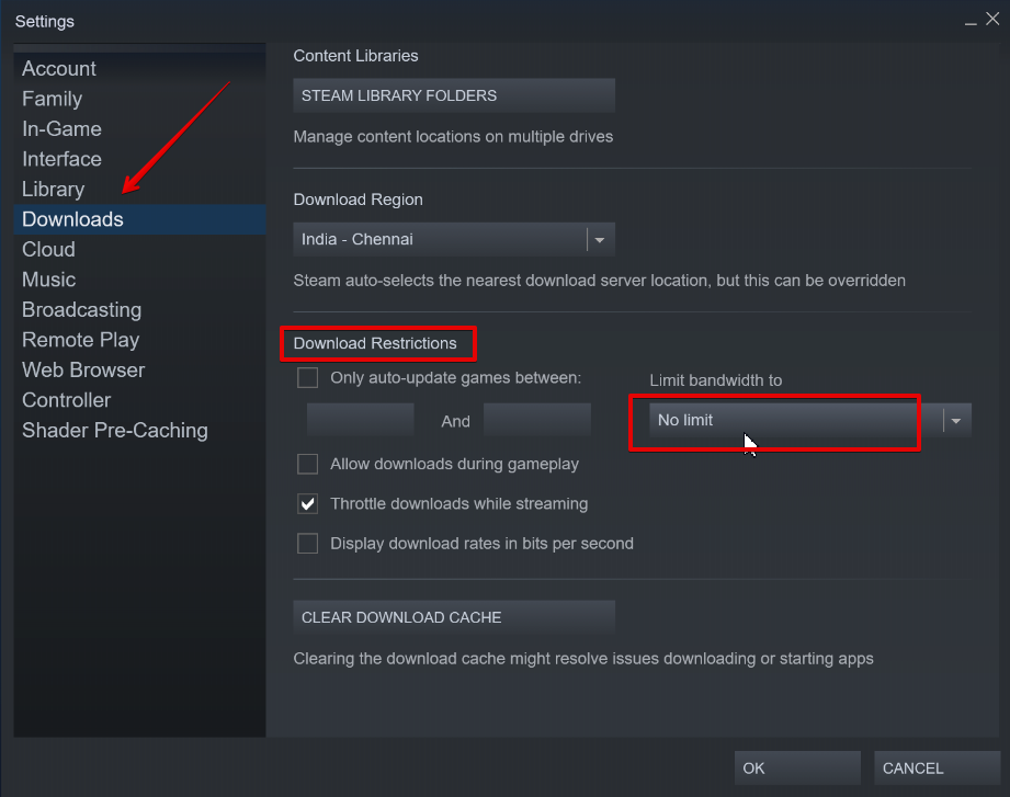 Steam download bandwidth limit