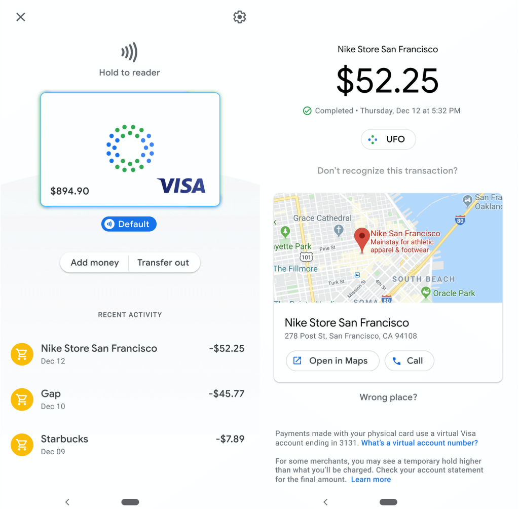 Google Pay debit card smart tracking interface