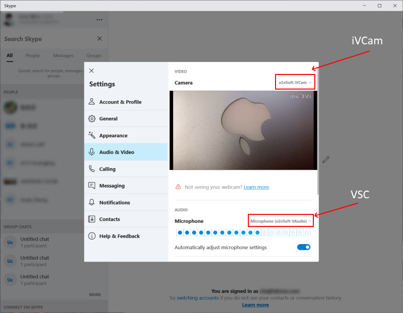 image showing how to use ivcam in skype